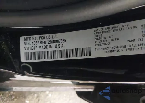 2021 Ram 1500 Big Horn 4X2 6'4 Box z USA, uszkodzony, nr VIN 1C6RREBT2MN807265